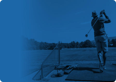 Blue banner with a photo overlaid that shows a man on a golf course at the end of a swing, facing away from the viewer.