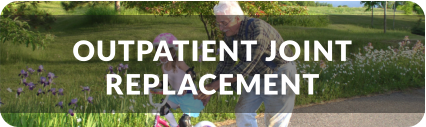 Two men in jackets and helmets are standing next to their bikes on a wooded path. Title reads: Outpatient Joint Replacement