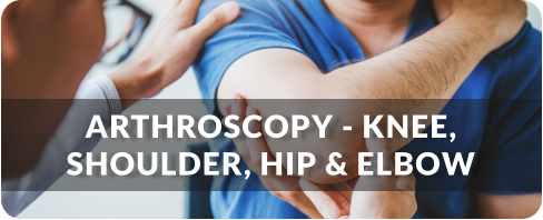 A doctor examines the elbow of a patient. Title reads: Arthroscopy - Knee, Shoulder, Hip, and Elbow