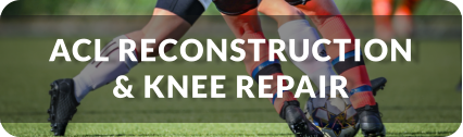 Two men in different uniforms are both making a play for a soccer ball. Title reads; ACL Reconstruction and Knee Repair